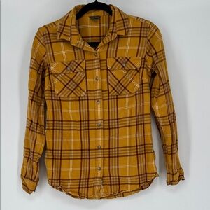 Eddie Bauer Mustard Plaid‎ Shirt with Brown & White Stripes